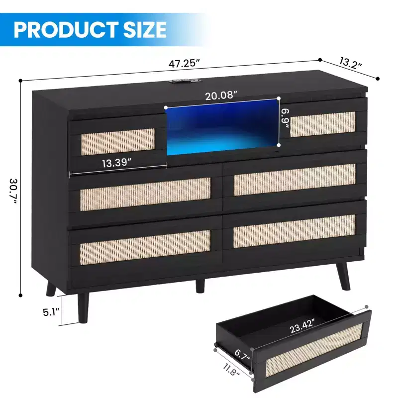 Natural Rattan 6-Drawer Dresser - 47.2W x 15.7D x 31.5H w/LED Light & Charging Station, Farmhouse Chest for Bedroom/Living Room/Nursery