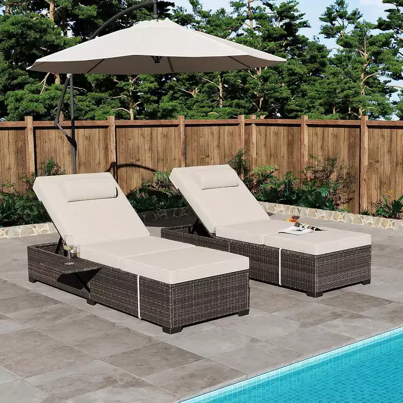 GustoWave 2 Pieces Outdoor PE Wicker Lounger Set, Pool Lounge Chair, Adjustable Backrest Lounger