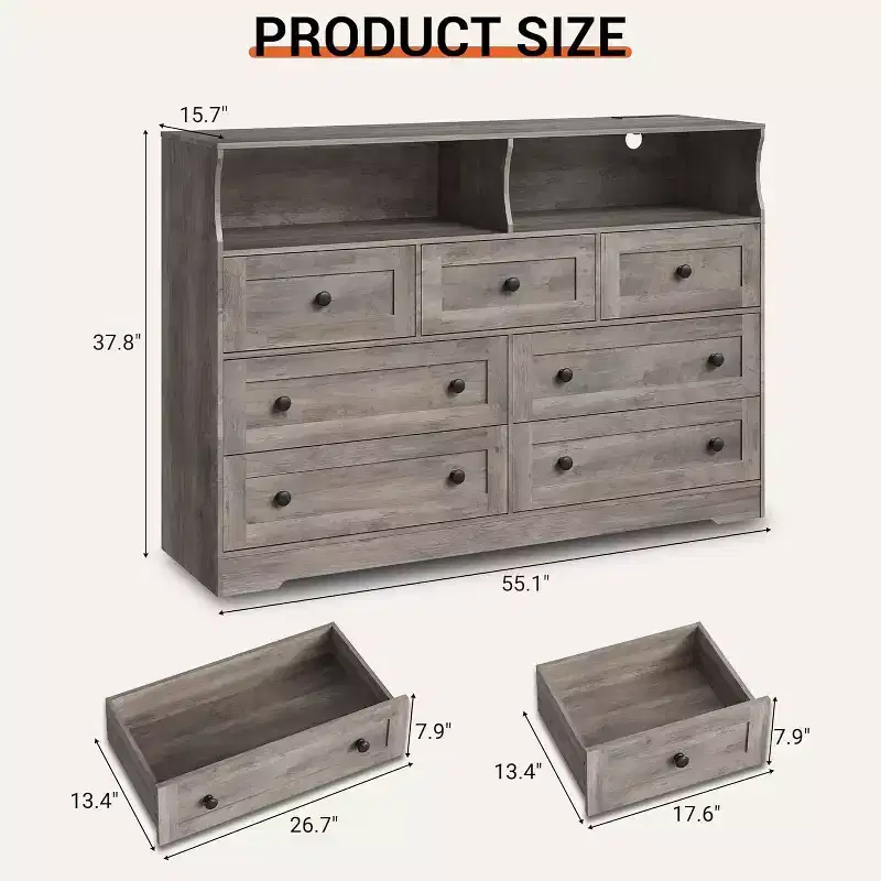 7-Drawer Wooden Chest of Drawers - Modern Dresser with USB Charging Station & LED Lights, 2 Open Cubbies - Large Bedroom Dresser, Storage Organizer