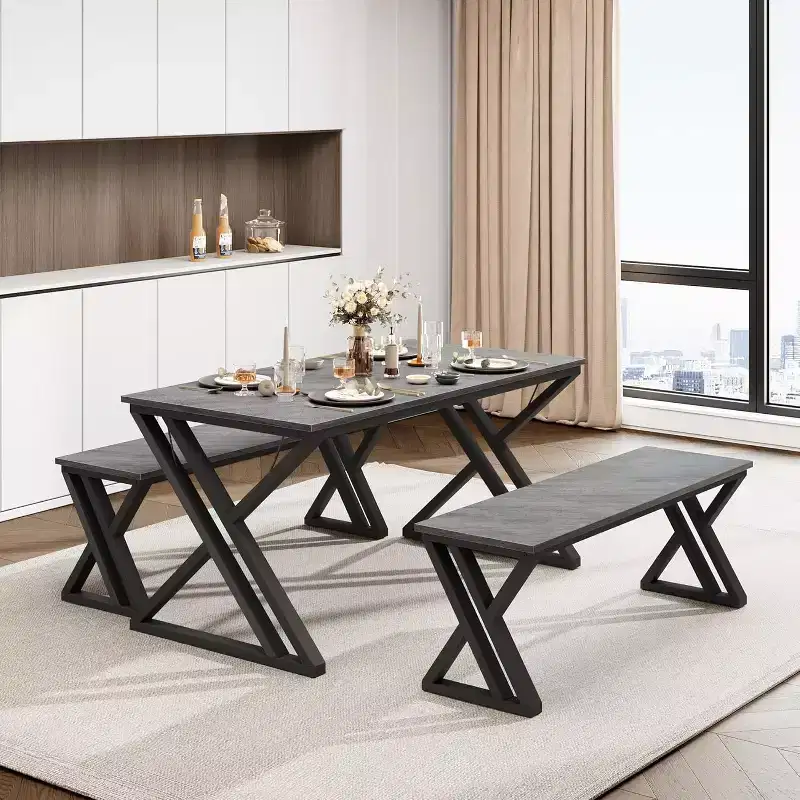 Dining Table Bench Set for 4, Kitchen Table Set with 2 Benches, Rectangular Dining Room Table Set with Sturdy Metal Frame, Grey