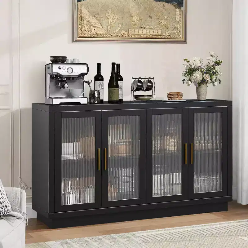 Buffet Cabinet with Storage, 55.1 Large Wood Cabinet with 4 Fluted Glass Doors, Black Modern Storage Cabinets for Living Room, Entryway, Kitchen