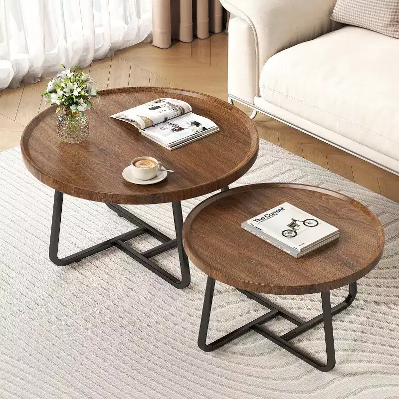 2 PCS Coffee Table, Durable Mid Century Small Round Coffee Tables for Living Room, Easy Assembly Modern Nesting Coffee Tables Set, Circle Side Tables