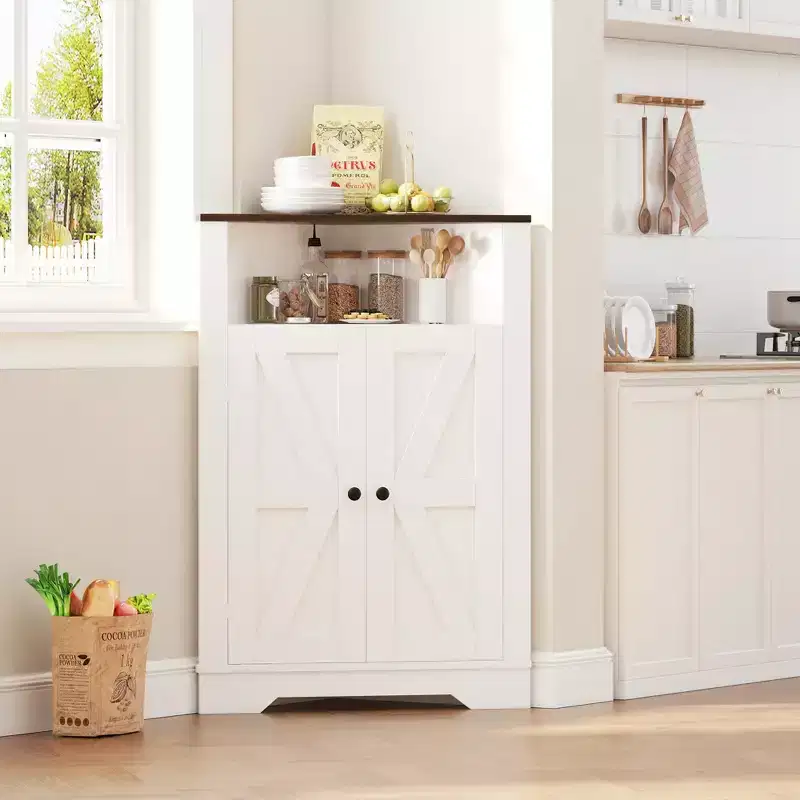38 Farmhouse Corner Storage Cabinet with Door and Adjustable Shelf, Small Floor Corner Organizer for Bathroom Kitchen Living Room