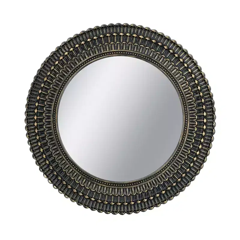 26.5 Inch Round Black and Gold Wooden Wall Mirror with Woven Texture