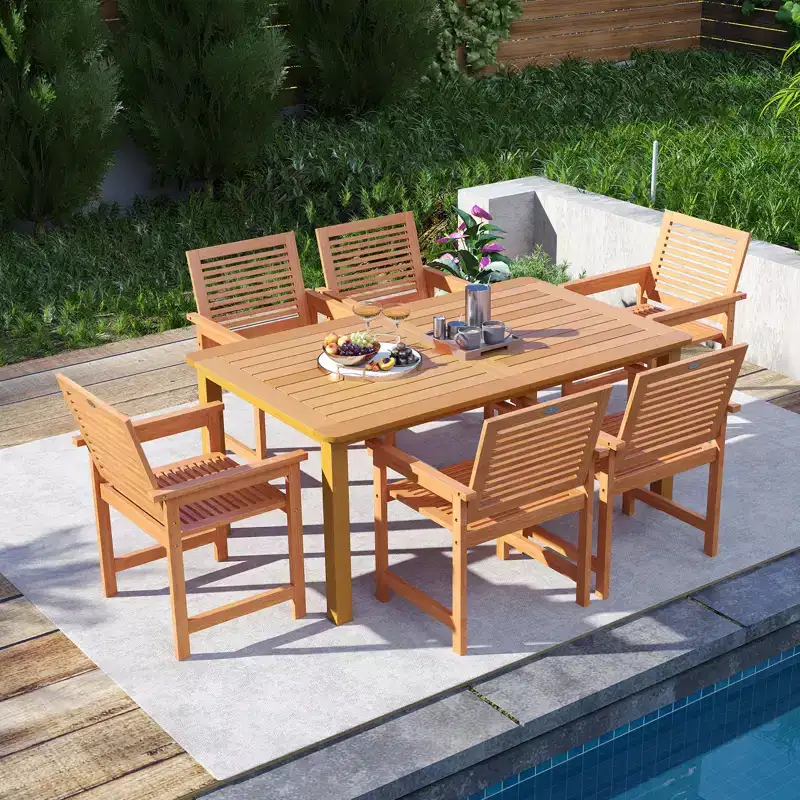 Gymax 7-Piece Patio Wood Dining Table Set Outdoor Rectangular Table and 6 Armchairs