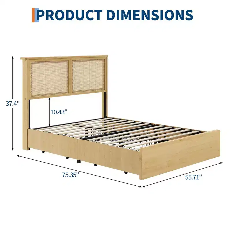 Coolmee Rattan Bed Frame with Natural Rattan Headboard,Bed Frame with LED Lights,Rattan Bed Frame with Headboard, Wood Foundation with Silent Slats