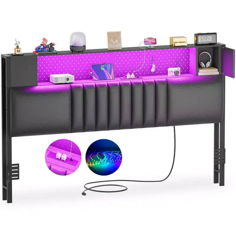 Storage Headboard with Charging Station and LED Light