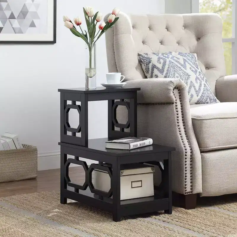 2 Step Chairside End Table with Contemporary L Shape Design, Three Tier Storage Shelves for Living Room or Home Office Use