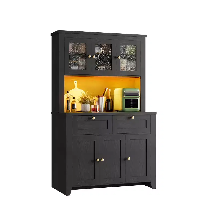Tall Pantry Cabinet with Charging Station, Modern Kitchen Storage Cabinet with Countertop, Drawers and Adjustable Shelves