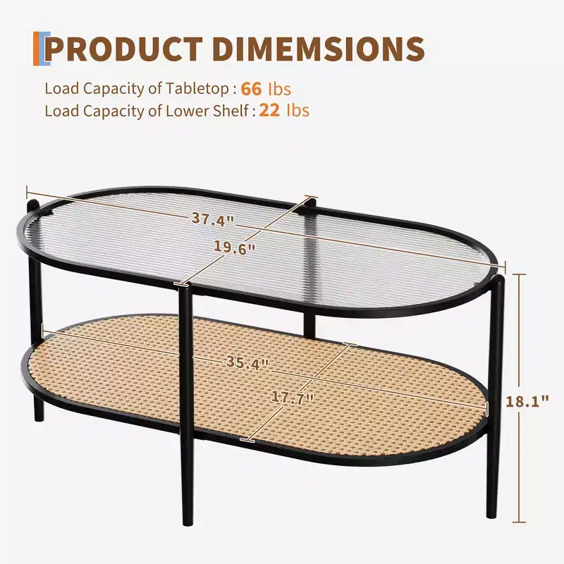 Oval Coffee Table with Water Wave Glass Top, Rattan Storage Shelf, 2-Tier Metal Frame, for Living Room
