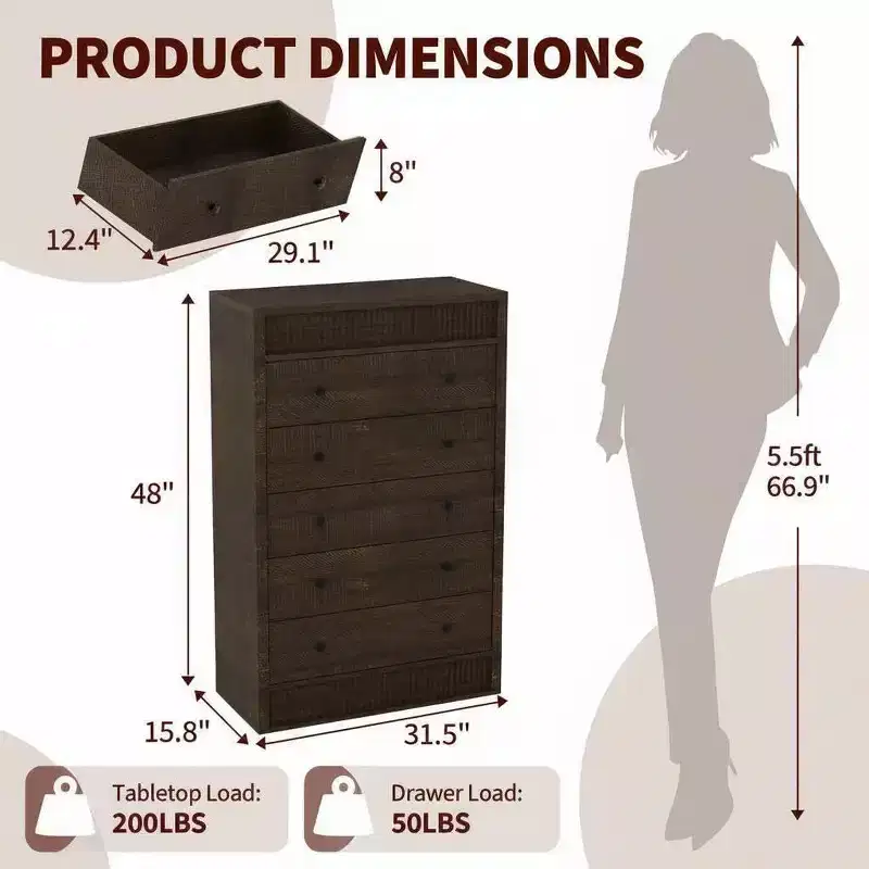 Coolmee 5 Drawer Tall Dresser for Bedroom, 31.5 Wide Fluted Chest of Drawers, Modern Wood Storage Cabinet for Kids Room, Hallway, Living Room