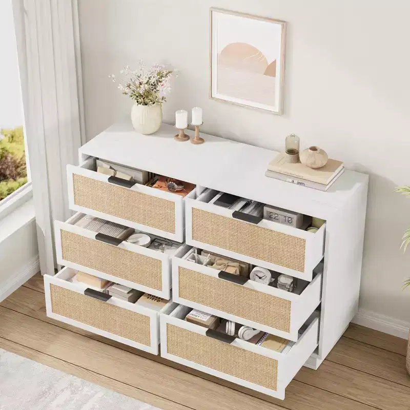 Rattan 6 Drawer Dresser, 47in Wide White 6 Chest of Drawers with Metal Handles and Wooden Sturdy Base for Bedroom Living Room Nursery Closet