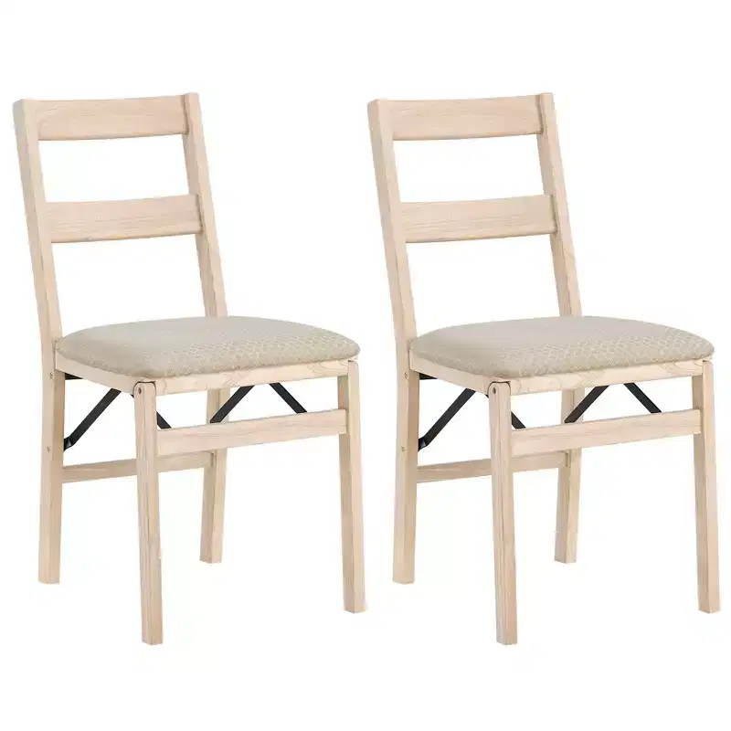 Stakmore Classic Premium Solid Wood Dining Table Folding Chair Furniture Set with Fabric Padded Upholstered Seat, Set of 2, Unfinished