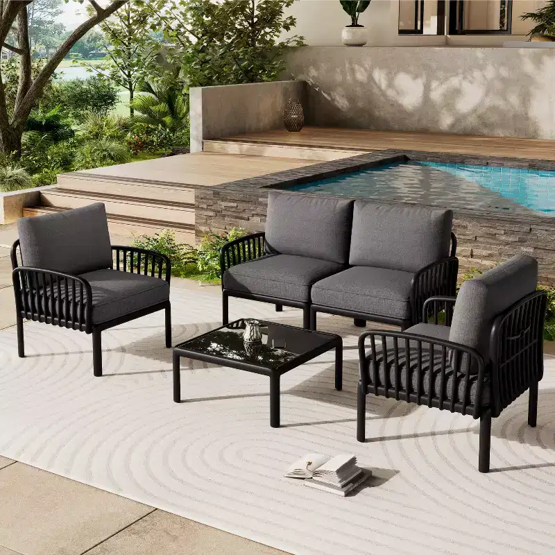4-Piece/6-Piece Modern Outdoor Patio Furniture Set with Square Coffee Table Patio Conversation Set with Waterproof Cushions, Black/White - ModernLuxe