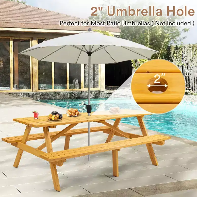 Zevemomo 8 Person Wood Picnic Table, Rectangle Tabletop with Umbrella Hole, 2 Built-in Long Benches, 2220LBS Total Capacity for Backyard, Light Wood