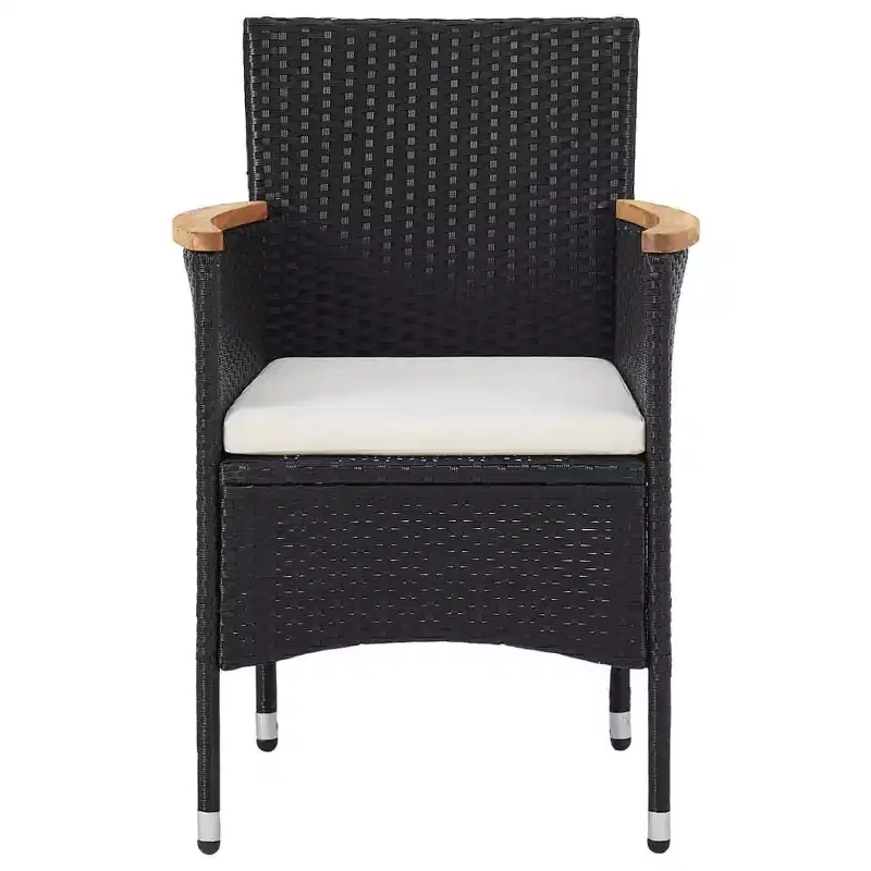 vidaXL 2 pcs Modern Patio Dining Chairs in Durable Black Poly Rattan with Acacia Wood Armrests and Removable, Washable Cushion Covers