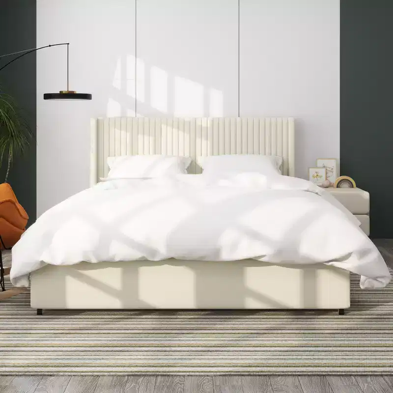 Upholstered Queen Size Platform Bed with Wingback Headboard and 2 Drawers, Ivory Velvet