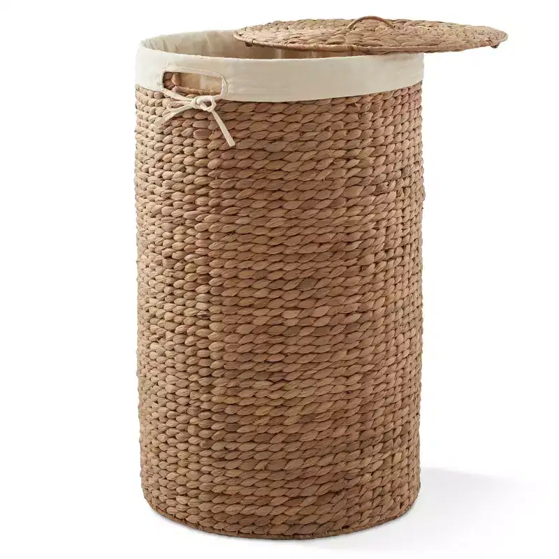 Casafield Round Laundry Hamper with Lid and Removable Liner Bag, Woven Water Hyacinth Laundry Basket for Clothes