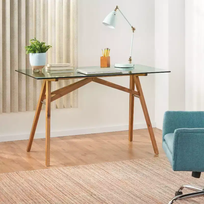 Mid-Century Modern Glass Top Acacia Wood Desk, Natural/Green