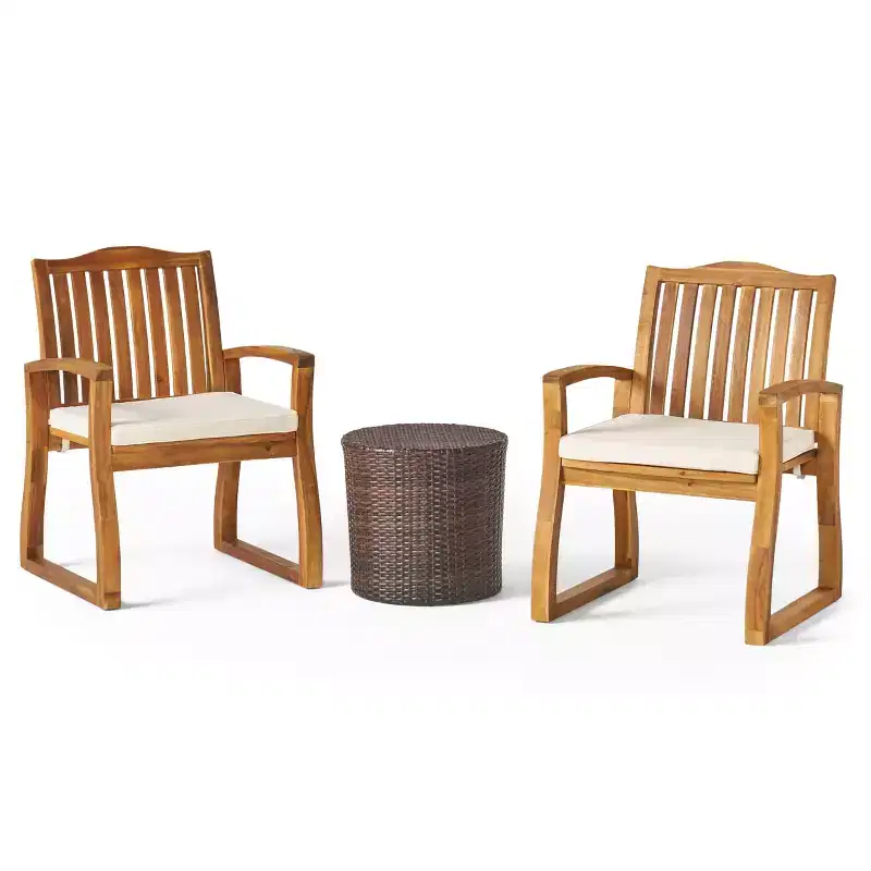 GDFStudio Croxton Outdoor Wicker and Acacia Wood 3 Piece Chat Set with Cushion, Multibrown/Beige