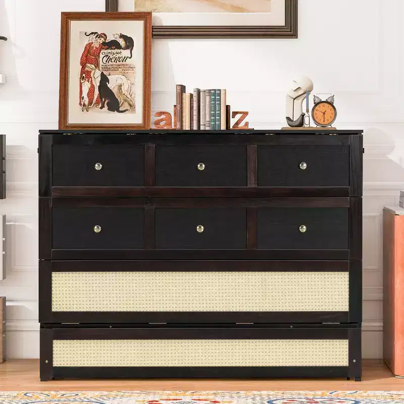Plywood & MDF Full Murphy Bed with Rattan Front & Storage Drawers
