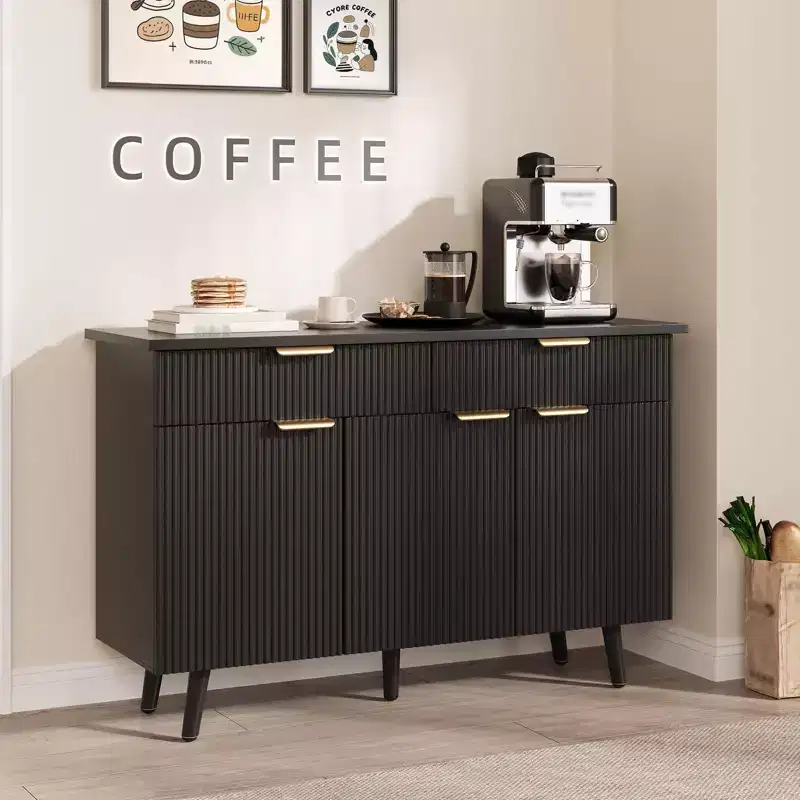 Black Fluted Sideboard Cabinet – 4-Door, 2-Drawer, 2-Shelf Storage for 1