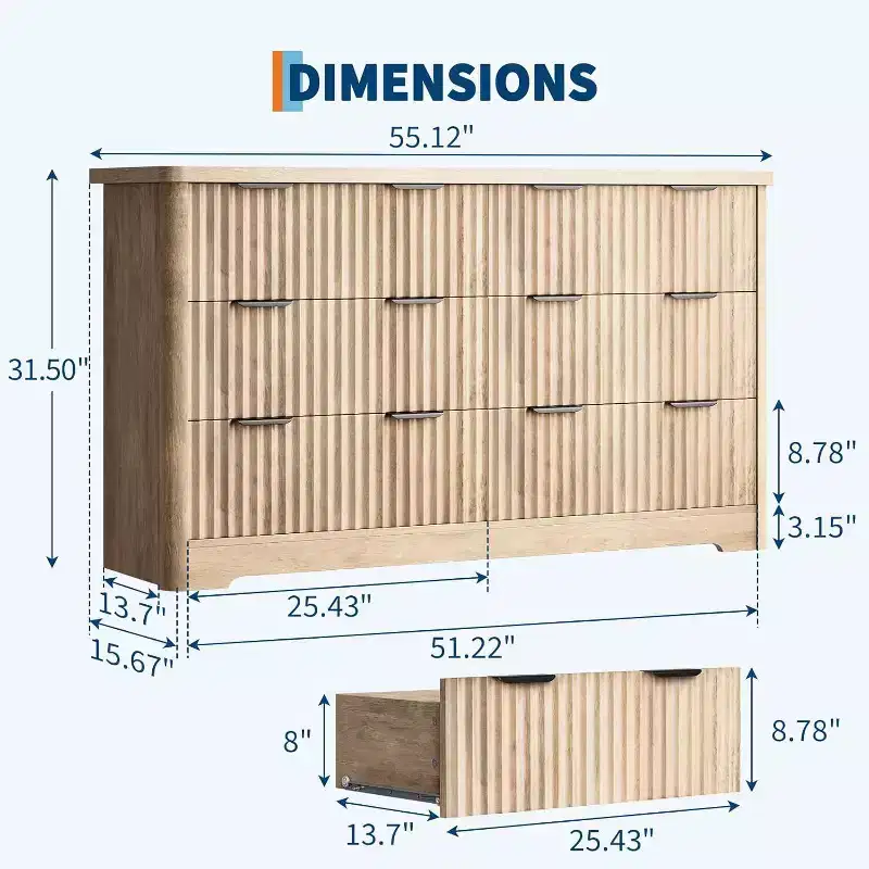 Acekool Fluted 6-Drawer Dresser  Modern Storage with Wavy Design & Sturdy Wood Top