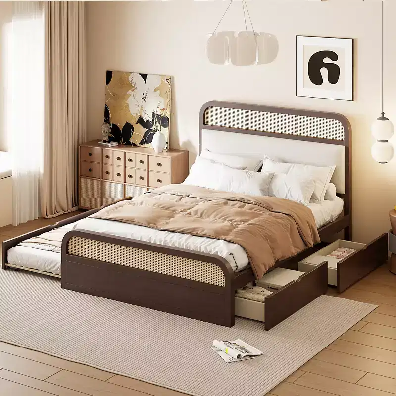 Queen Size Wooden Platform Bed with Trundle and 2 Drawers, Rattan Accents Bed 4S - ModernLuxe