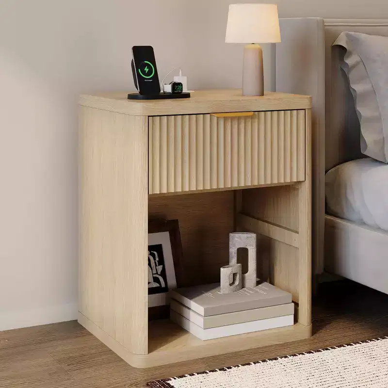 Fluted Nightstand, Bedside Table with Drawers and Open Storage Space, Metal Handles and Rounded Corners for Safety, Mid Century Modern End Table