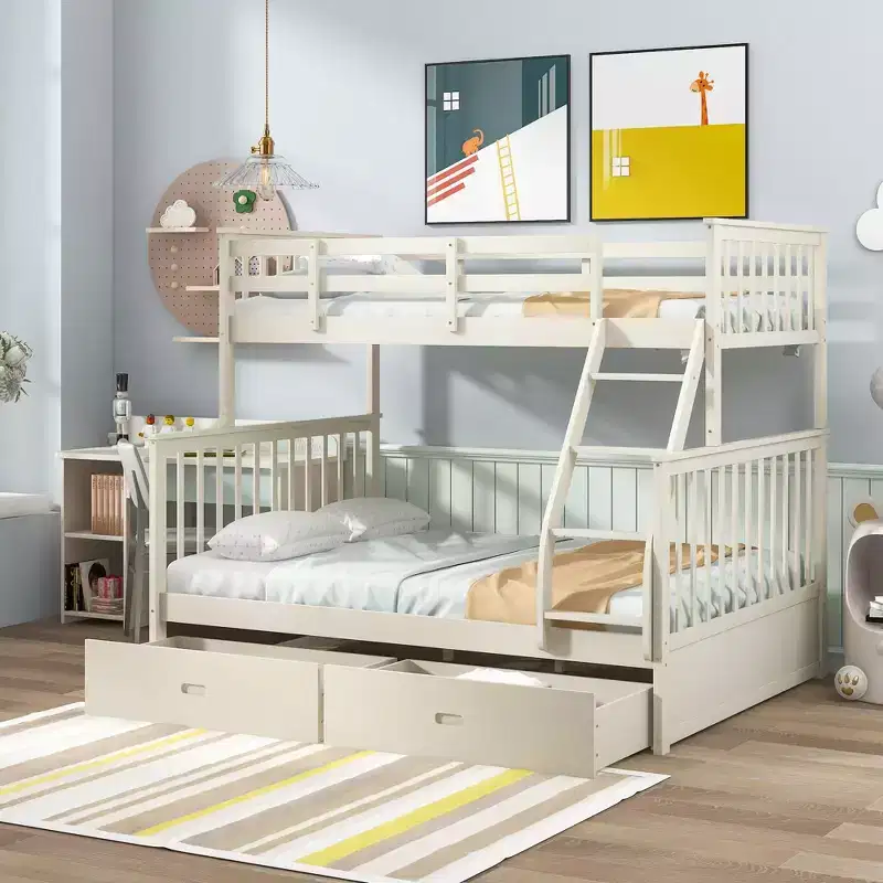 76IN Twin Over Full Bunk Bed with Storage Drawers, Kids Bunk Beds with Safety Guardrail and Ladder, Bed Frames for Living Room, Kids Room