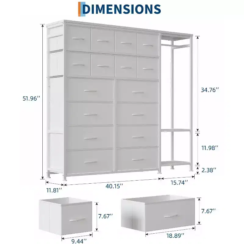 GustoWave Dresser with 16 Drawers & Hanging Rod & Shelves, Fabric Storage Organizer for Bedroom, Closet, or Entryway