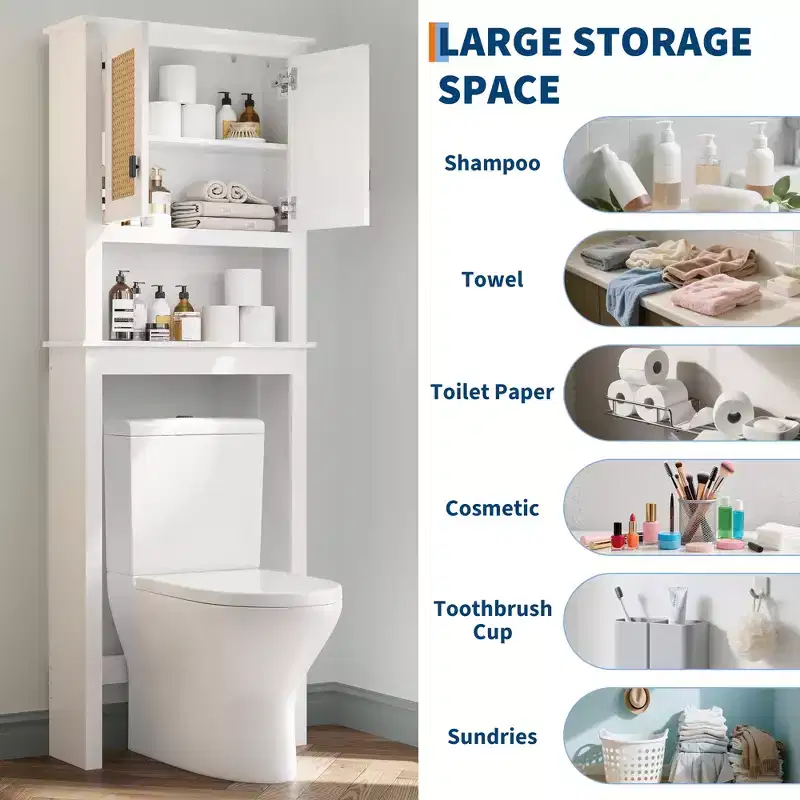66H Over The Toilet Storage Cabinet, Bathroom Space Saver Organizer with Adjustable Shelves, 2 Rattan Doors, Easy Assembly,FreeStanding Toilet Shelf