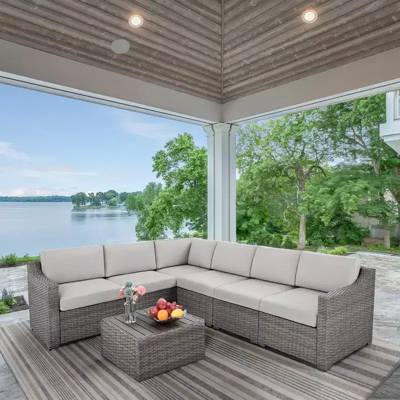 HAPPATIO 7 Piece Patio Conversation Set Wicker Outdoor Sectional Sofa, All-Weather Patio Furniture Set Combination Sofa. Patio sectional Set.