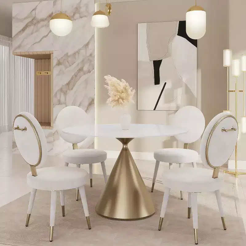 Modern Round Dining Table 47'' Circle Faux Marble Top Kitchen Table with Gold Luxury Cone Pedestal for Dining Room, Home Kitchen, Bistro-Morden Fort