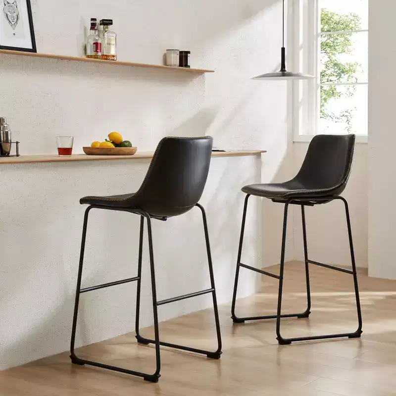 JIONJOY 29 in. Black Metal Frame Bar Stool with Faux Leather Seat Set of 2