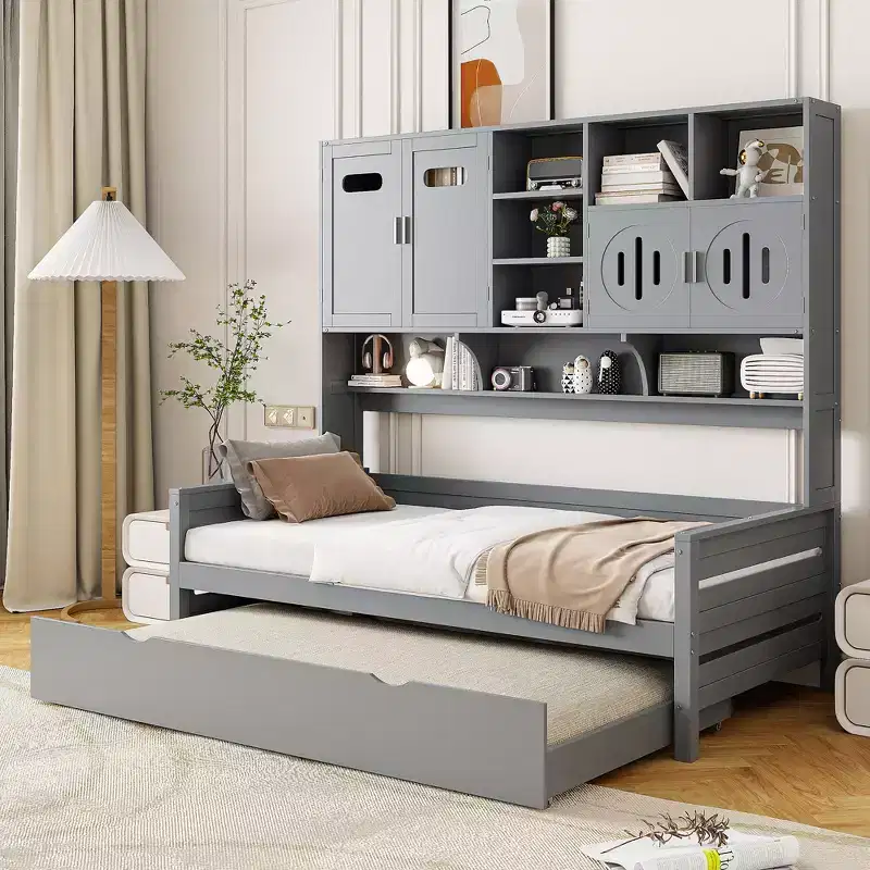 Twin/Full Daybed with and Storage Bookcase, Wood Daybed with Trundle, Wooden Day Bed with Storage Cabinets Shelves