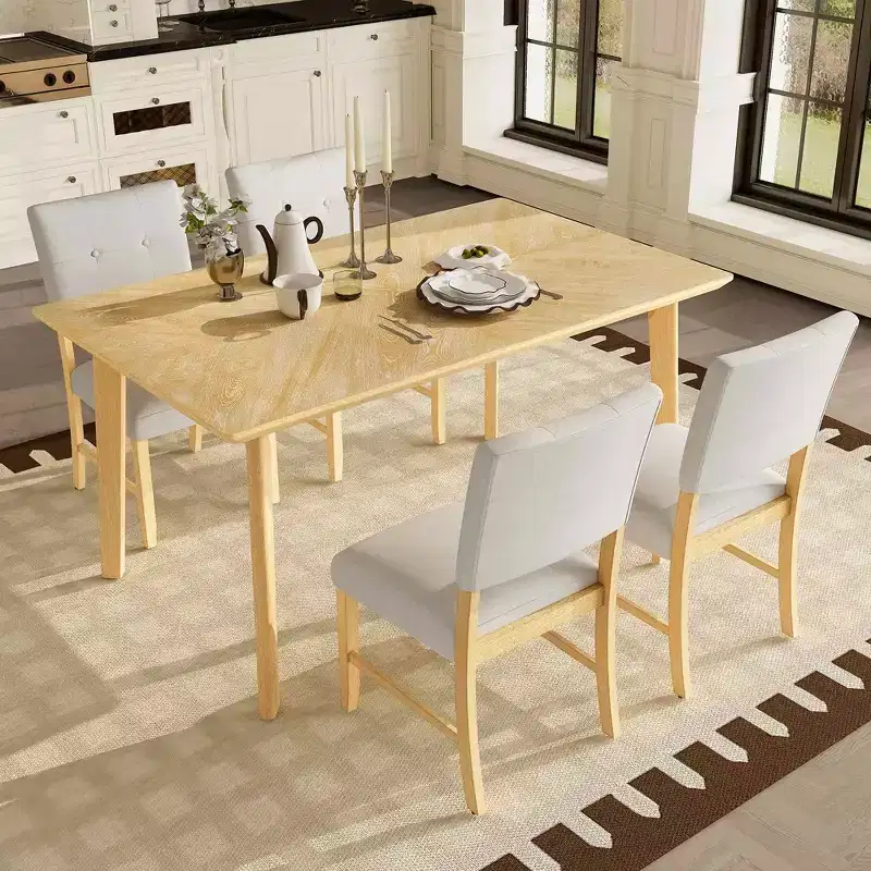 MAYEERTY 5-Piece Farmhouse Dining Set, Solid Wood Table & 4 Chairs, Natural Wood Wash