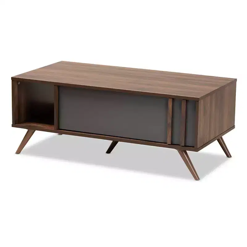 1 Drawer Naoki Two-Tone Wood Coffee Table Gray/Walnut - Baxton Studio: Modern Rectangular Particle Board Table with Shelf