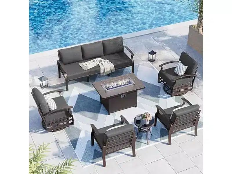 ALAULM 7-Seat Aluminum Patio Furniture Set, Modern Metal Outdoor Conversation Sets w/45in Propane Fire Pit Table