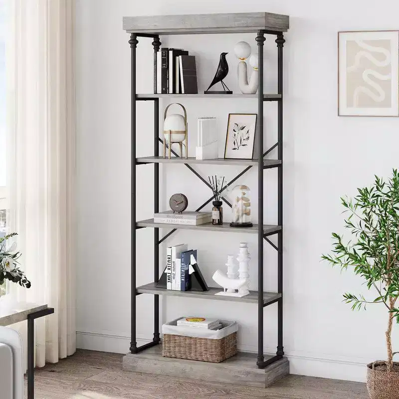 Industrial 6 Tier Bookshelf, Metal Frame Rustic Tall Standing Bookcase, Large Vintage Display Rack for Bedroom, Living Room and Home Office