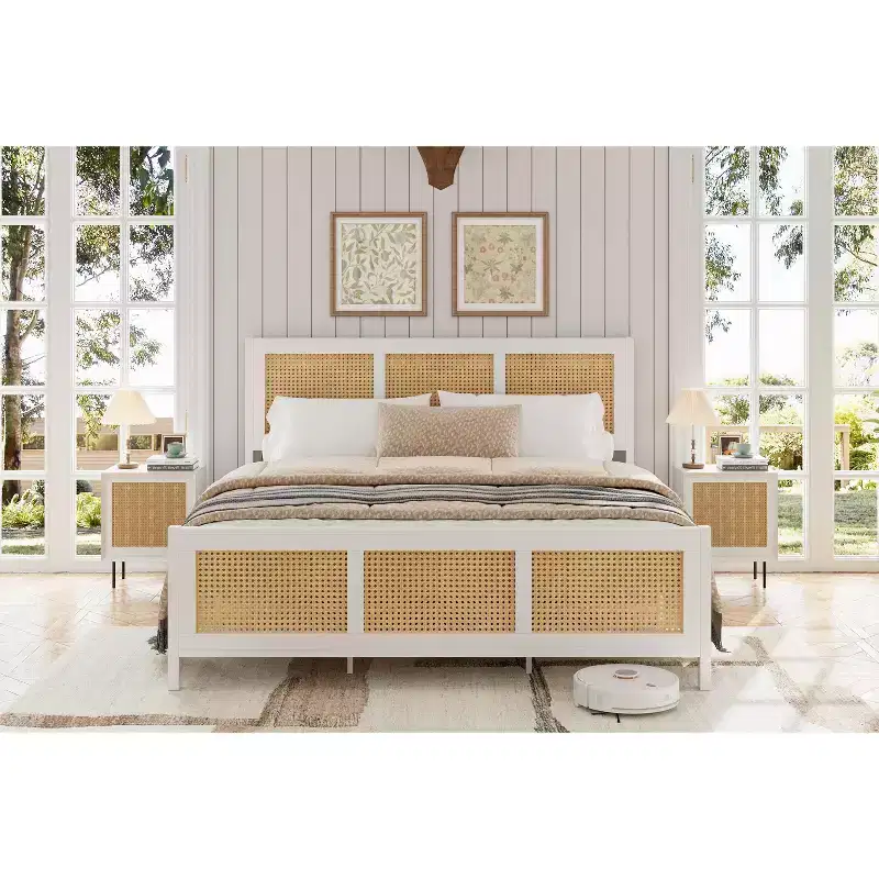 COZONY Rattan Full Bed Frame with Wicker Headboard, Boho Platform Metal Slats No Box Spring Needed