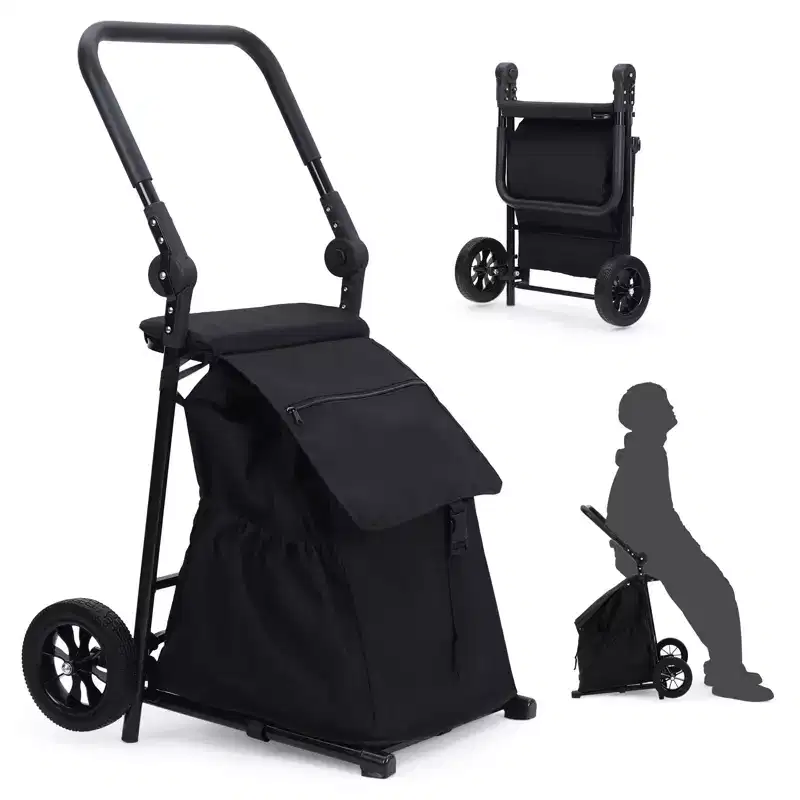 2 in 1 Foldable Hand Truck Utility Cart, Folding Grocery Cart, Heavy Duty Collapsible Shopping Cart with a Removable Waterproof Bag