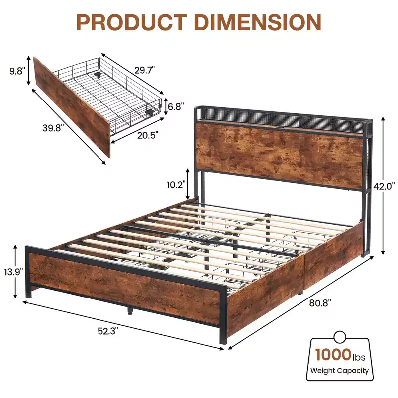 Platform Bed Frame with Headboard, USB Charging Station, LED Lighting and 4 Storage Drawers, No Box Spring Required, Heavy-Duty Support