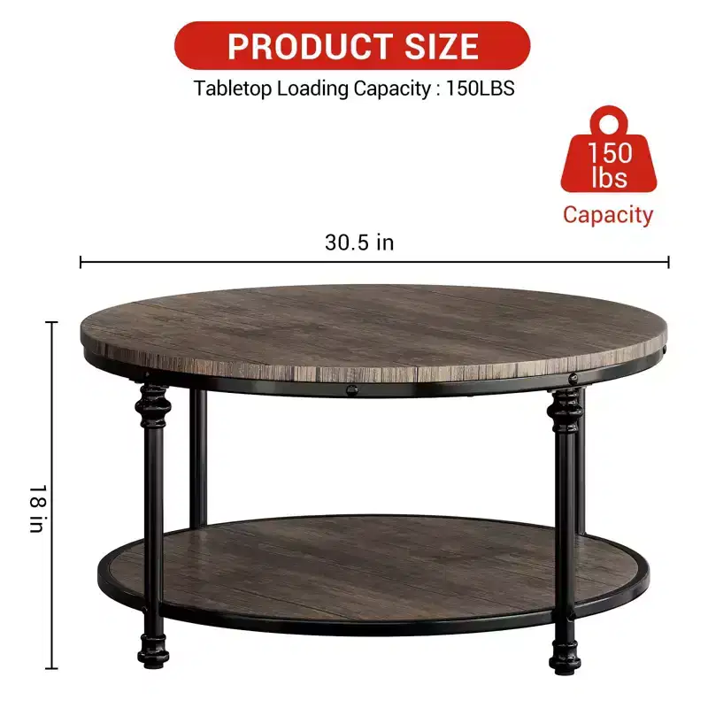 Coffee Table, 34.5'/30.5' Round Coffee Table with 2-Tier Storage Shelf - Rustic Wood Grain Brown, Metal Frame (Living Room/Reception)