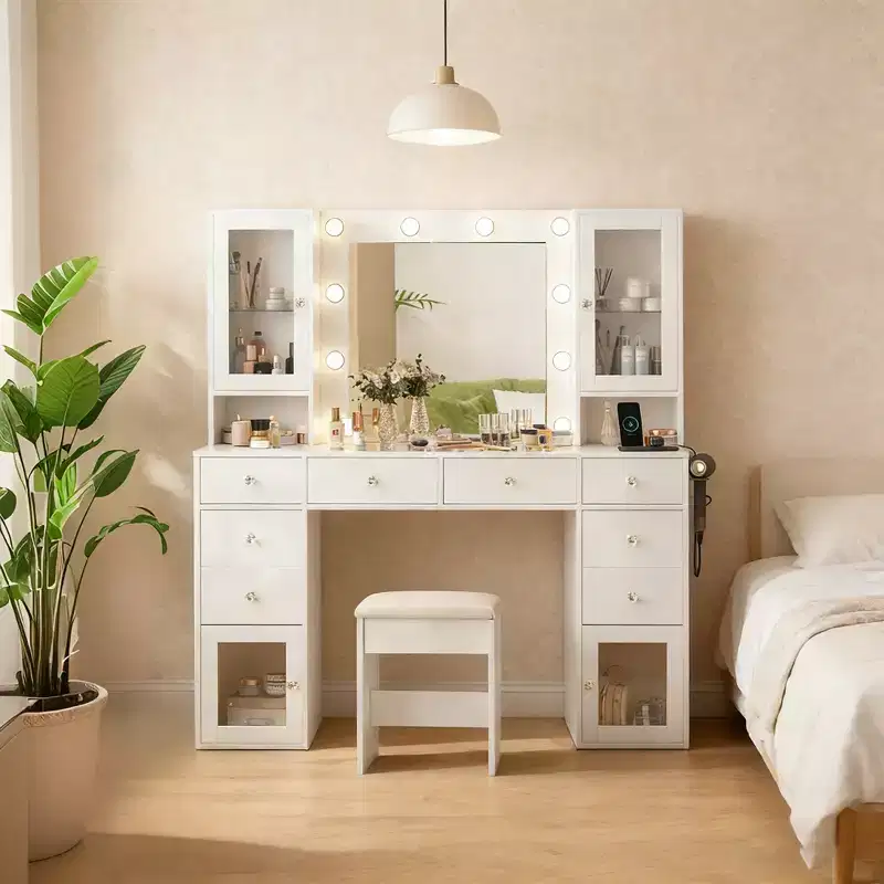 Dyonery White Vanity Set with LED Mirror & Stool,Makeup Desk with Built-in Power Outlet,8 Drawers Lighted Dressing Table for Bedroom Organization