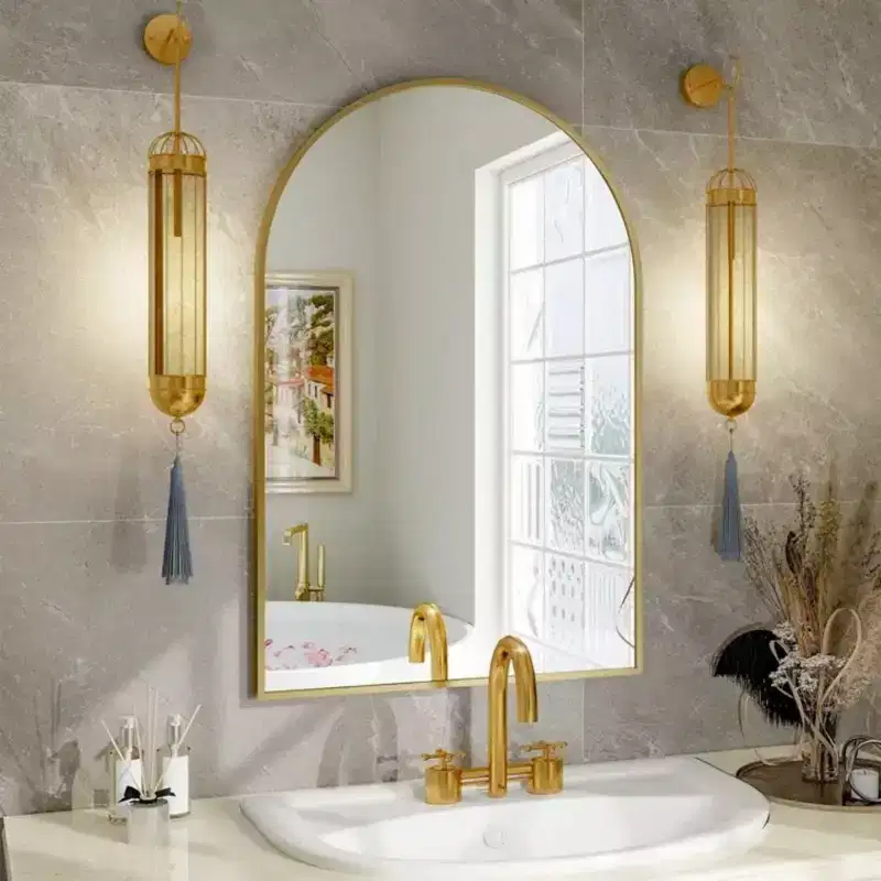 24 x 36 Arched Mantle Mirror, Black/Gold - Metal Frame, Wall Mount, Modern Decor