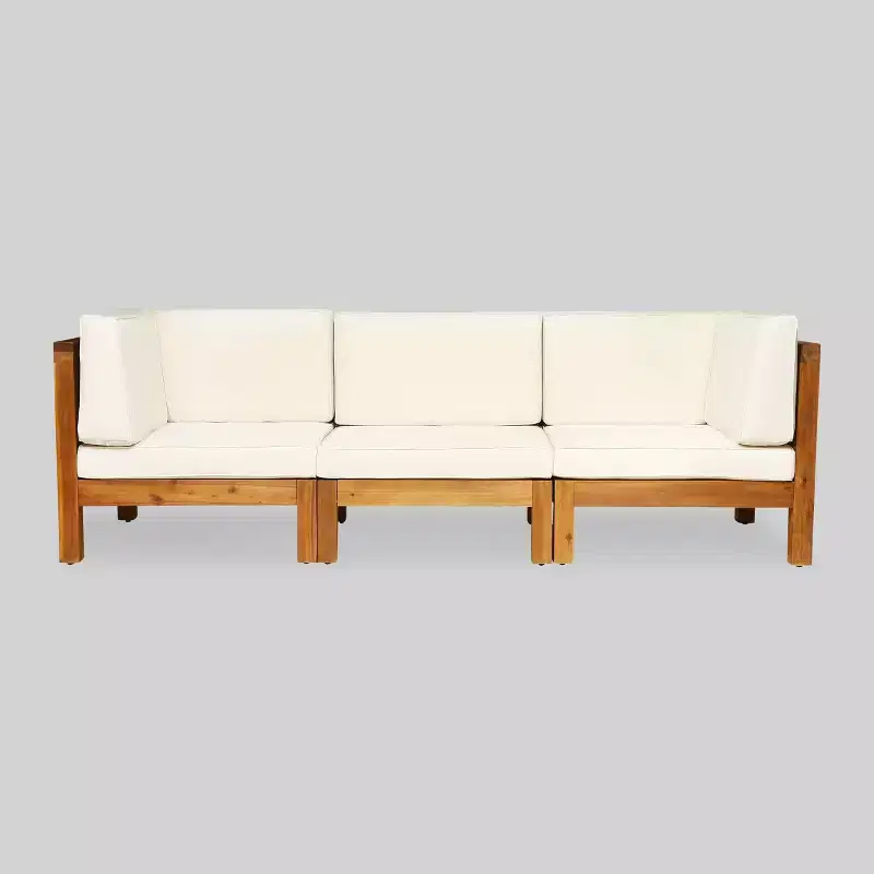 Oana 3pc Acacia Wood Patio Modular Sofa - Teak/Beige - Christopher Knight Home: Weather-Resistant Outdoor Seating Set