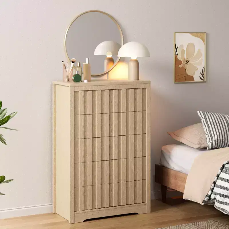 5 Drawer Dresser for Bedroom - Mid Century Modern Chest of Drawers, Wood Tall Nightstand, Striped Fluted Side Table, Enhanced Safety