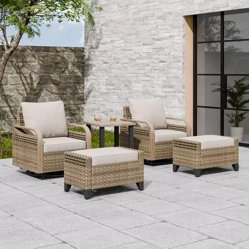 EAGLE PEAK Wicker Bistro Table and Chairs, Outdoor Patio Furniture, Swivel Rocking Chairs Ottomans & Table, 5 Piece Set