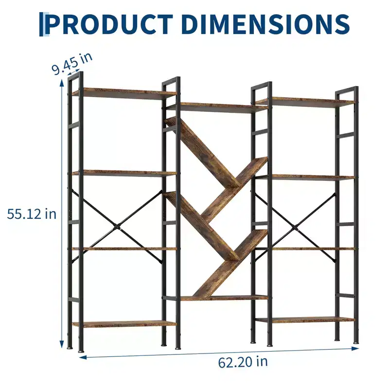 Industrial 4-Tier Wooden Bookcase, Open Bookshelf, Sturdy Metal Frame, Rustic Display Storage Shelves, for Living Room, Bedroom